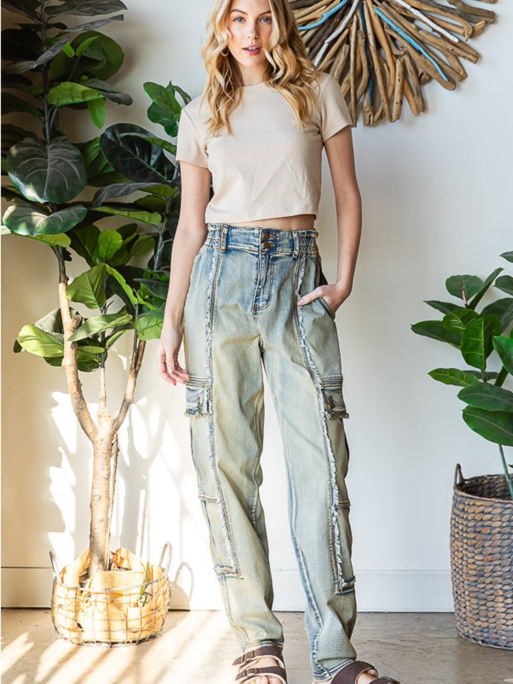 Oli & Hali Light Wash Distressed Cargo Jeans